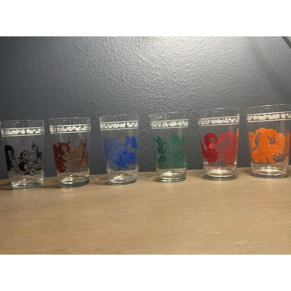 1956 Kraft Swanky Swigs Kiddie Kups Set 6 Hazel Atlas Animal Juice Glasses